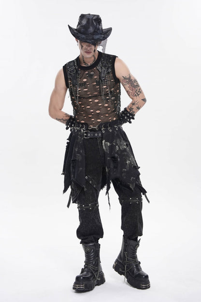 Punk Skirt for Men with Black Irregular Ripped Buckled Pleated Chain Design