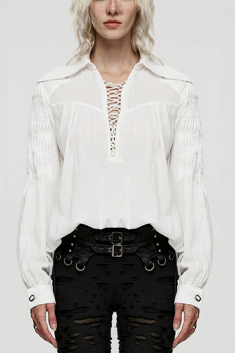 Women's Turn-Down Collar Long Sleeve Lace Ruched Gothic Blouse Two Tones