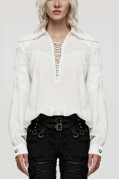 Women's Turn-Down Collar Long Sleeve Lace Ruched Gothic Blouse Two Tones