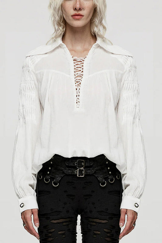 Women's Turn-Down Collar Long Sleeve Lace Ruched Gothic Blouse Two Tones