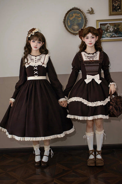 Rustic Brown Double Ruffle Bow Embroidered Sweet Lolita Mini Dress - Miss Brown