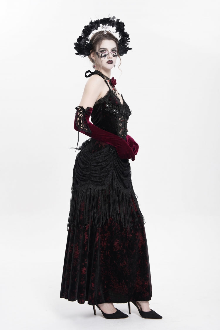 Crimson Gothic Maxi Dress with Floral Embroidery and Lace-Up Pleats