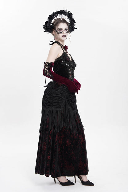 Crimson Gothic Maxi Dress with Floral Embroidery and Lace-Up Pleats