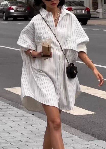 Spring Oversized Shirts Collar Cotton Striped Peter Pan White