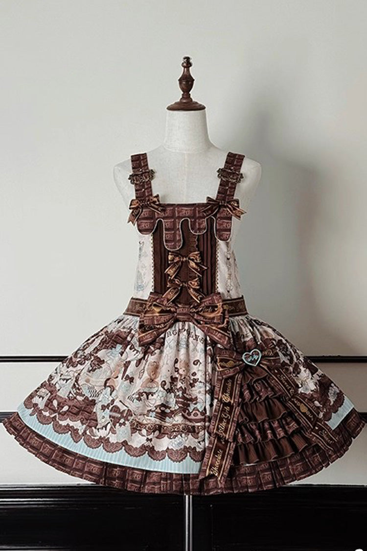 Teddy Bear Chocolate Asymmetric Lolita Strap Dress with Bow - Sleeveless