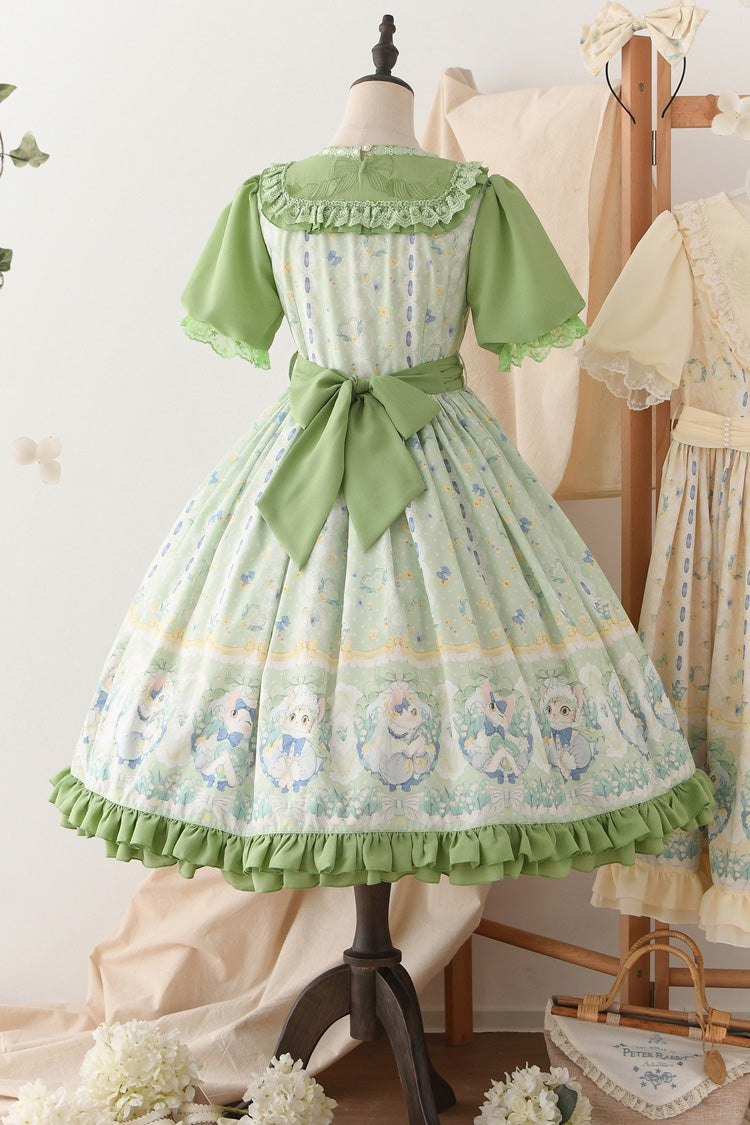 Emerald Lily Valley Cat Printed Embroidery Bowknot Sweet Dress