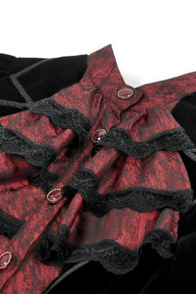 Crimson & Charcoal Peak Lapel Long Sleeve Layered Lace Mock Two-Piece Goth Tailcoat