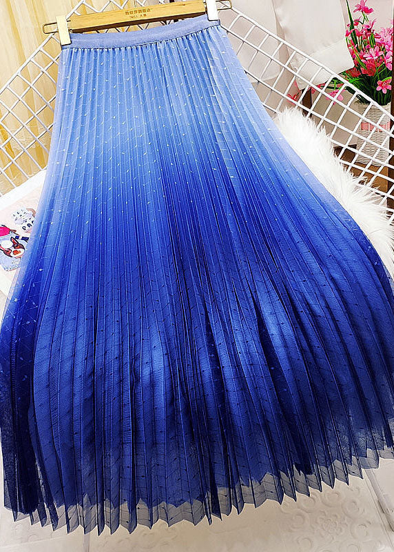 Women Blue Elastic Waist Sequins Gradient Color Tulle Pleated Skirt Spring AJ1003