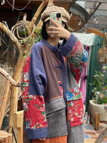 100% Cotton Stand Collar Floral Patchwork Long Coat QU014