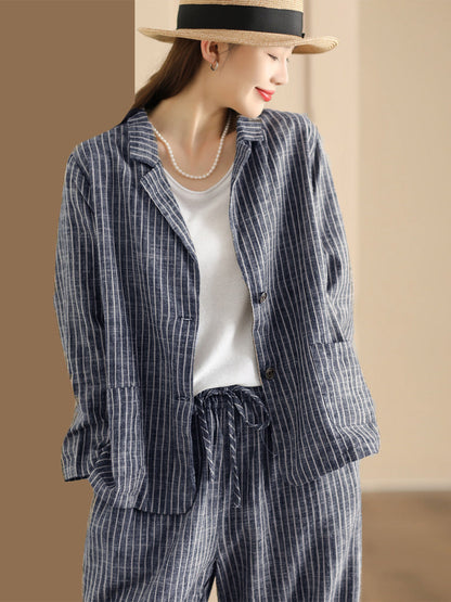 Plus Size Women Vintage Stripe Spring Linen Shirt+Pants II1057