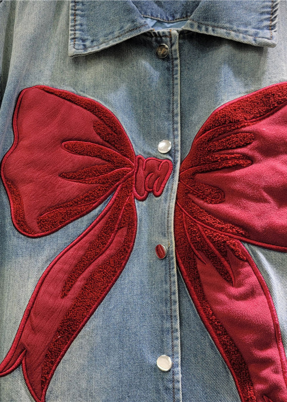 Denim Peter Pan Spring Coat New Button Collar Bow Blue