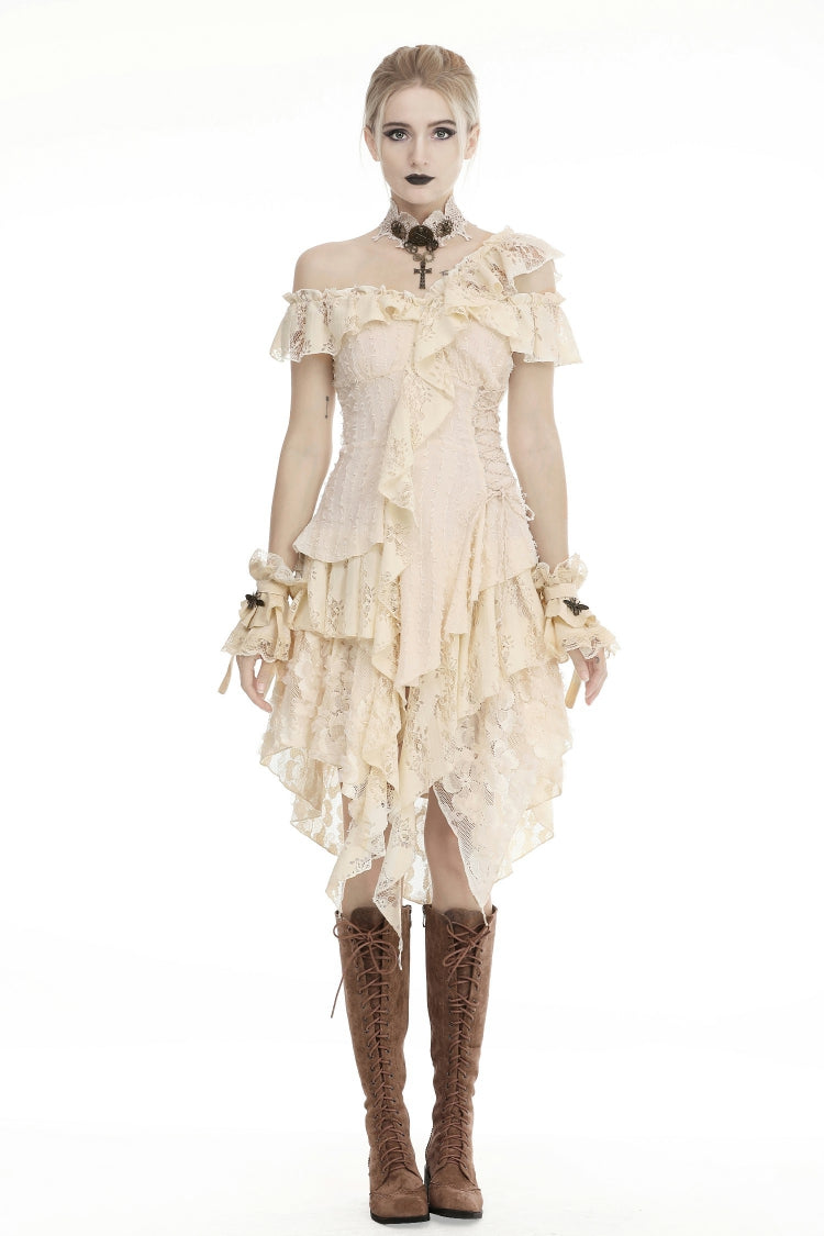 Steampunk Vintage Women's Dress with Irregular Ruffled Lace Layers, Cream