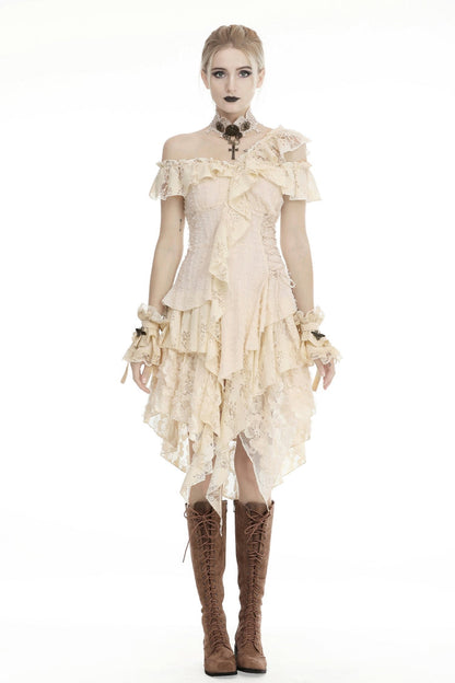 Steampunk Vintage Women's Dress with Irregular Ruffled Lace Layers, Cream