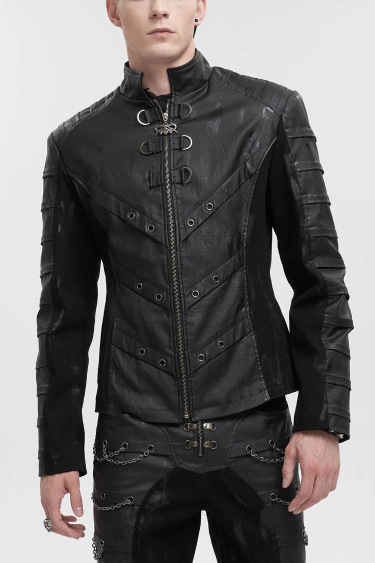 Jet-Black Punk Jacket with Mandarin Collar, Faux Leather Twill for Men