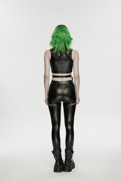 Women's Black Punk Crop Vest, Slim with Straps and Studs