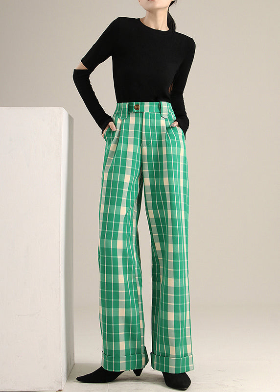 Bohemian Green Plaid high waist straight pants Spring TT1019