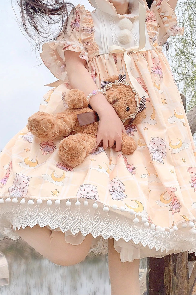 Doll Collar Short Sleeve Bunny Bear Moon Bow Stitch Sweet Dress