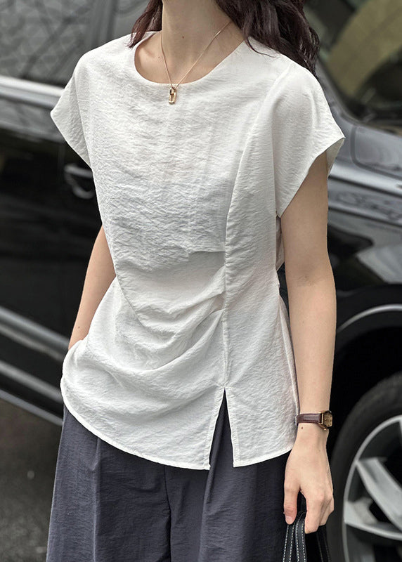 White Solid Front Open Cotton Top O Neck Summer AF1004