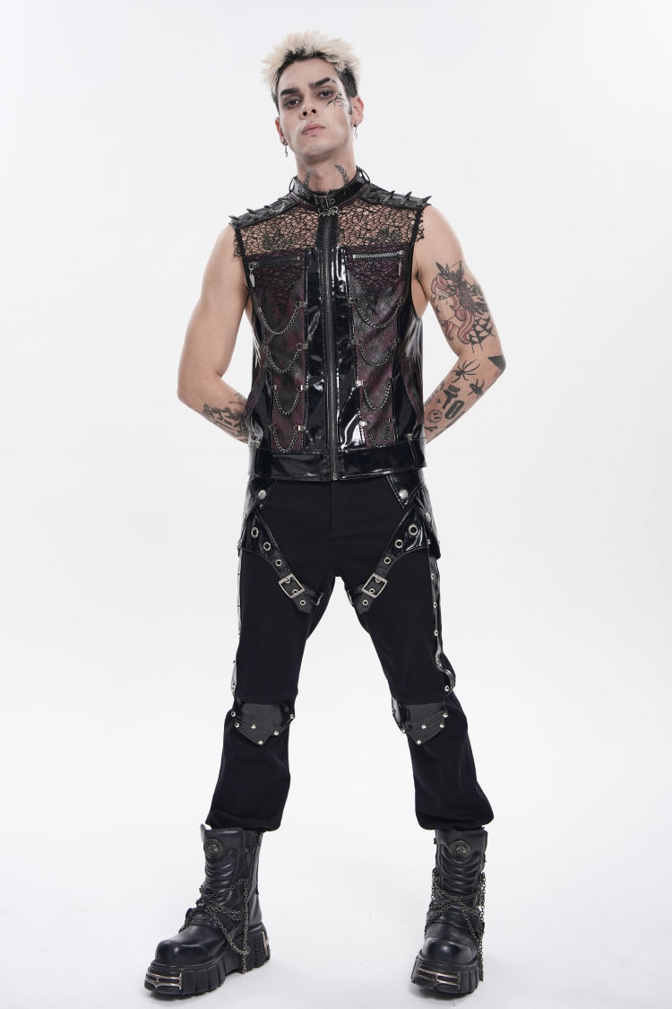 Men's Black Punk Vest, Spliced Mesh with Studs, Zippers and Eyelets