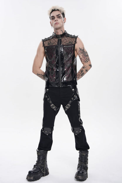 Men's Black Punk Vest, Spliced Mesh with Studs, Zippers and Eyelets