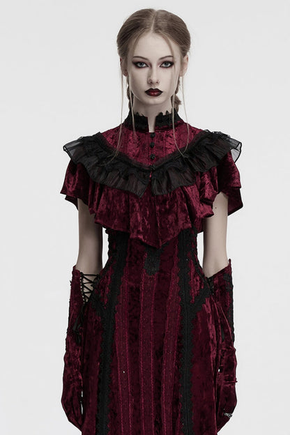 Crimson Sleeveless Gothic Cape with Ruffled Lace Trim