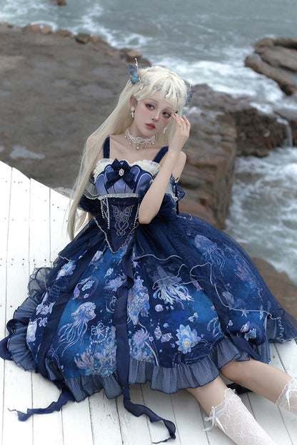 Azure Deep Sea Jellyfish Print Ruffle Lace Sweet Elegant Lolita Jumper Dress
