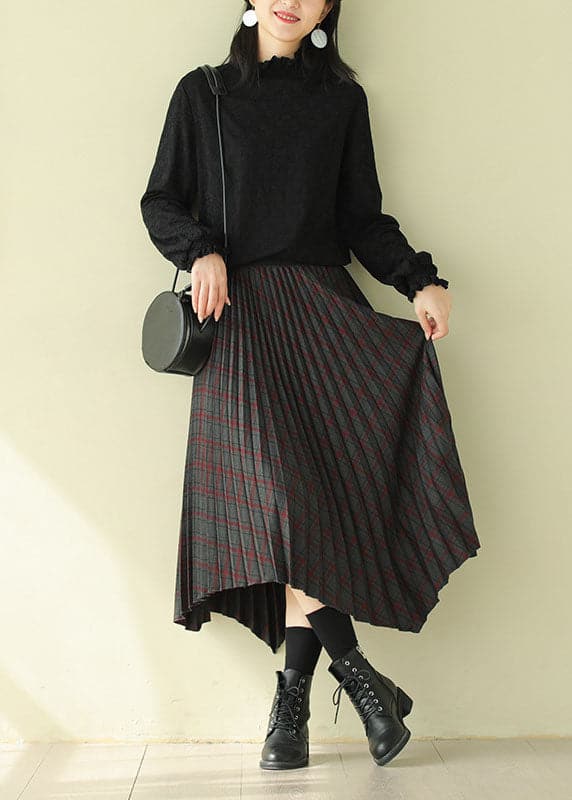 Women Chocolate Elastic Waist Asymmetrical Design Plaid Cotton Skirt Fall AJ1011