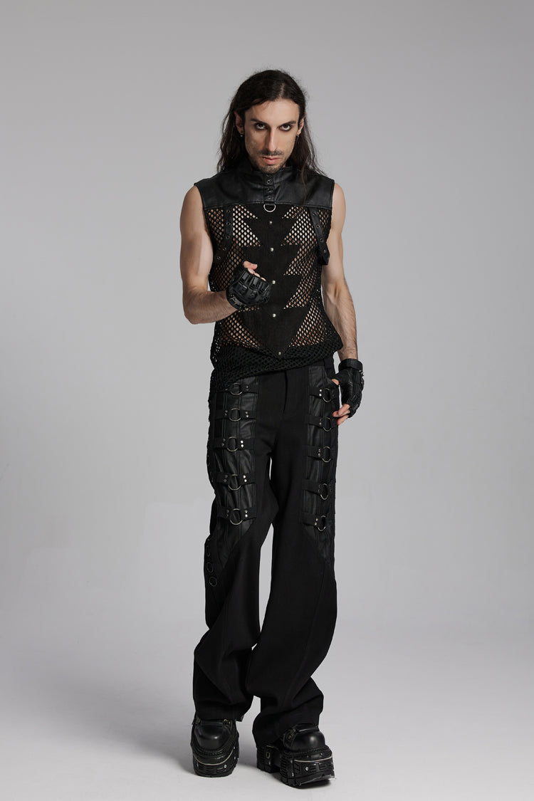 Men's Black Punk Vest, Mesh with Triangle Eyelets and High Collar