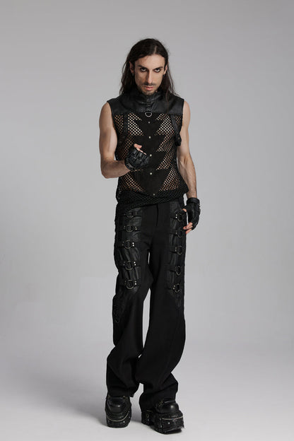 Men's Black Punk Vest, Mesh with Triangle Eyelets and High Collar