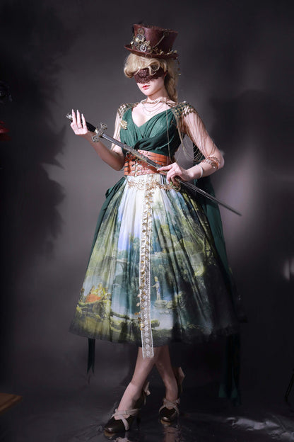 Emerald Grace Favor V-Neck Sleeveless Oil-Painting Printed JSK
