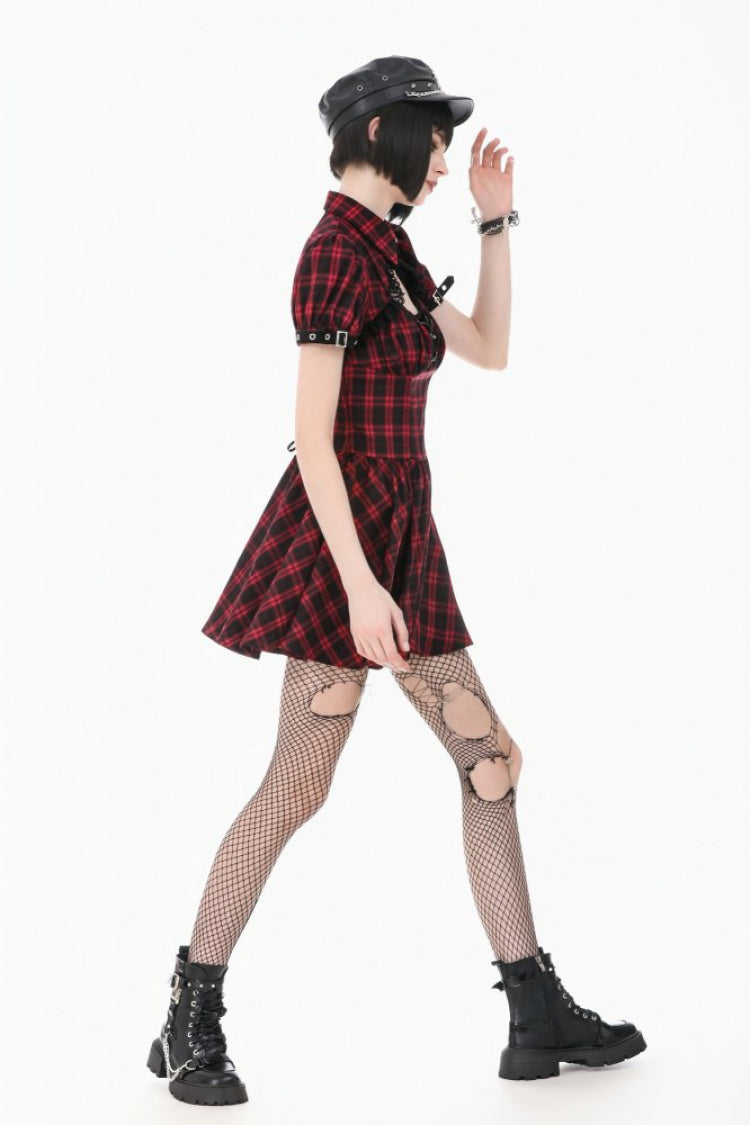 Crimson & Charcoal Tartan Notch Collar Cutout Short Sleeve Laced Punk Retro Mini Dress