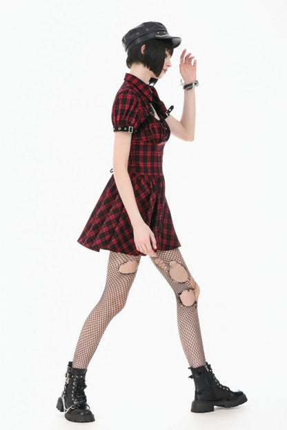 Crimson & Charcoal Tartan Notch Collar Cutout Short Sleeve Laced Punk Retro Mini Dress