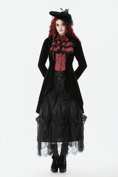 Crimson & Charcoal Peak Lapel Long Sleeve Layered Lace Mock Two-Piece Goth Tailcoat