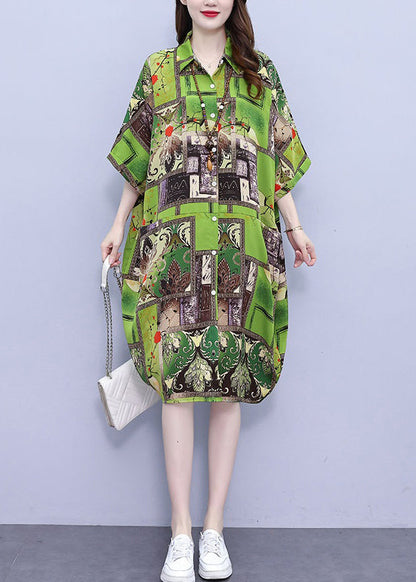 Loose Green Print Pockets Cotton Shirts Dress Half Sleeve NN030