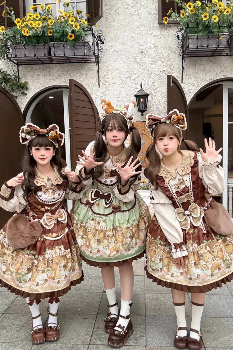 Squirrel Chocolate Shop Doll Collar Sweet Lolita Dress with Bow - Long Sleeves