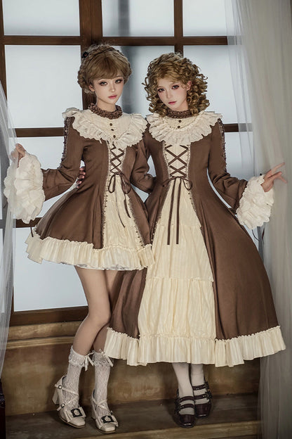 Nutcracker Stand Collar Trumpet Sleeve Lolita Dress Set with Bow - Lace-Up