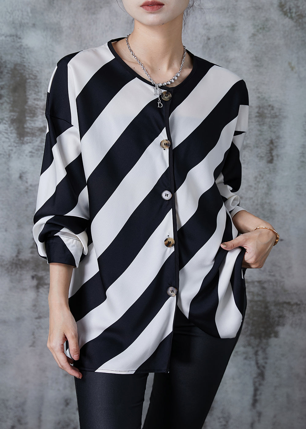 Elegant Black White Striped Oversized Chiffon Shirts Spring QA1023