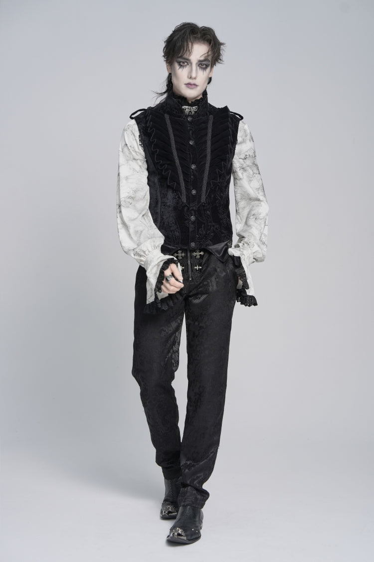 Men's Black Gothic Vest, Jacquard with Embroidery, Buckles and Pleats