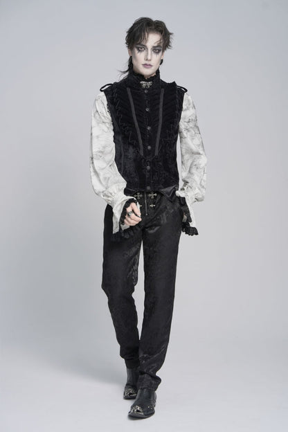 Men's Black Gothic Vest, Jacquard with Embroidery, Buckles and Pleats