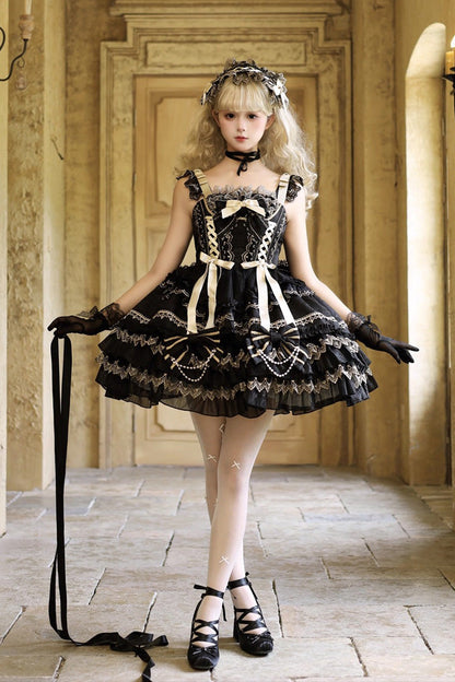 Ebony Sleeveless Tiered Foil-Stamped Bow Lace Sweet JSK - Gilded Memories