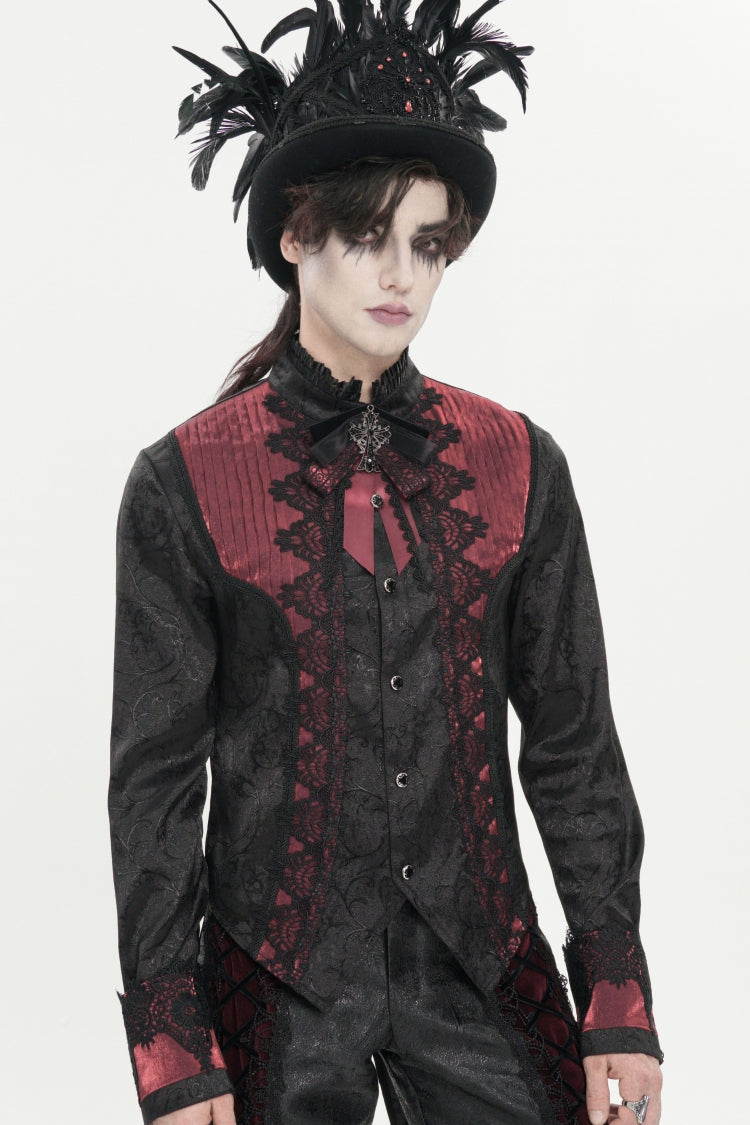 Crimson High-Neck Gothic Palace Shirt with Jacquard and Bow Accents