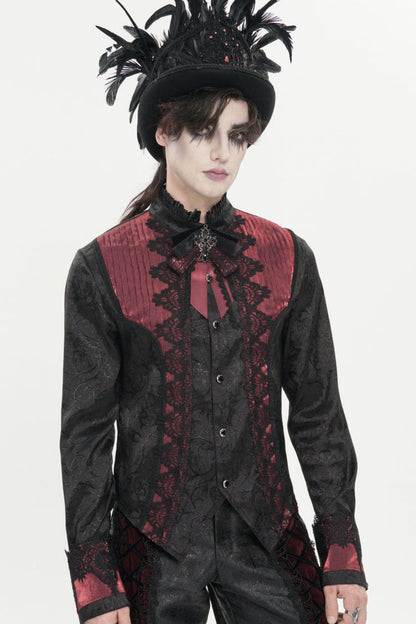 Crimson High-Neck Gothic Palace Shirt with Jacquard and Bow Accents