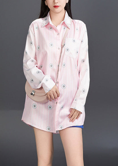 Art Pink Peter Pan Collar Print Cotton Shirt Fall AJ1006