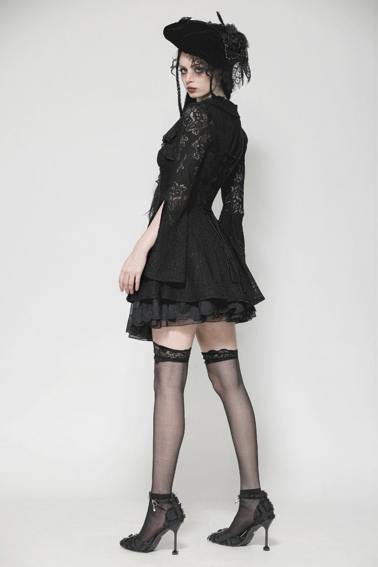 Ebony Flared-Sleeve Embroidered Lace-Up Gothic Honeymoon Dress
