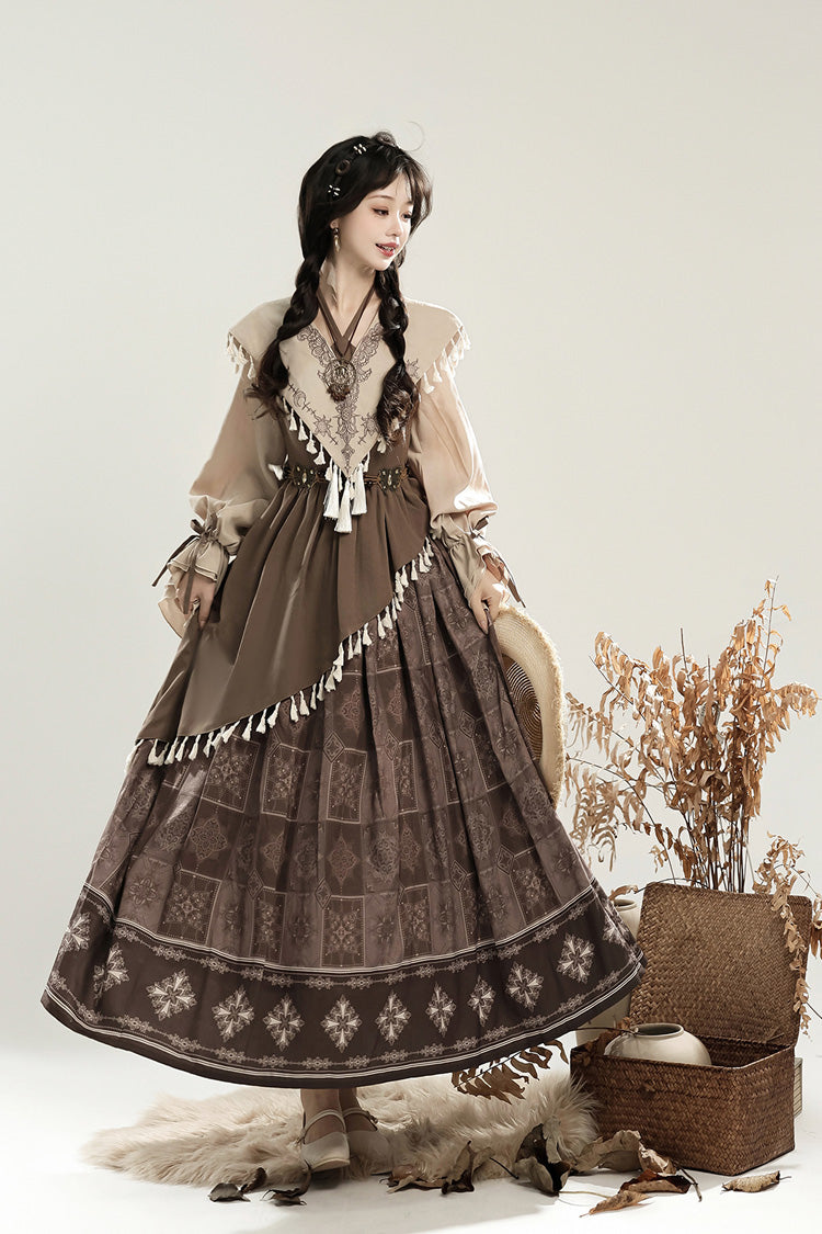 Mysterious Tribe Lantern Sleeve Chinese Style Lolita Dress - Asymmetric Ruffle