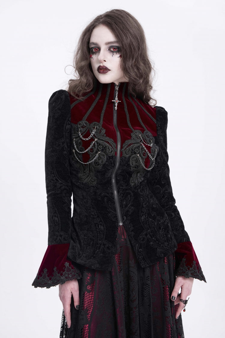 Crimson & Obsidian Stand Collar Long Trumpet Sleeves Embroidery Gothic Jacket