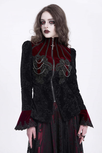 Crimson & Obsidian Stand Collar Long Trumpet Sleeves Embroidery Gothic Jacket