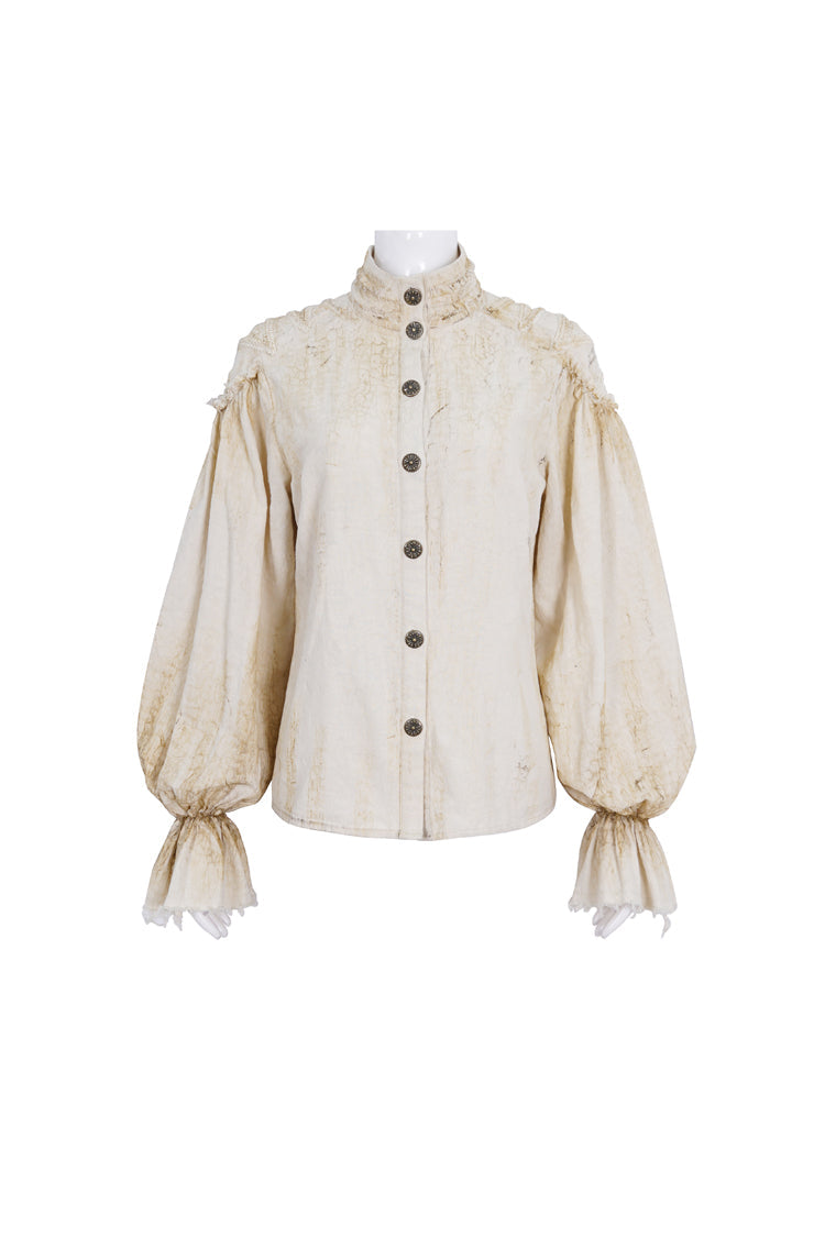 Punk Women's Blouse with Lantern Sleeves, Stand Collar & Printed Lace