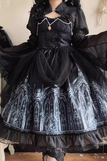 Nocturnal Church Print Ruffle JSK Gothic Dress