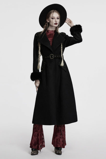 Ebony Long-Sleeve Studded Floral Embroidered Fur Gothic Coat